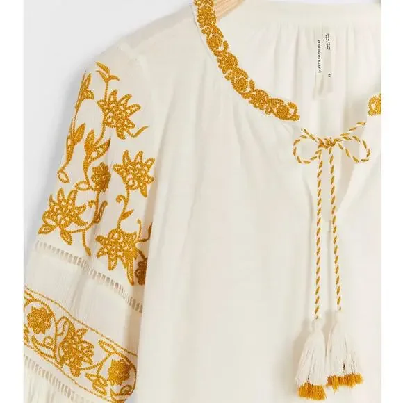 By Anthropologie Aja White Knit Golden Yellow Embroidered Long Sleeve Boho Top - Picture 3 of 15